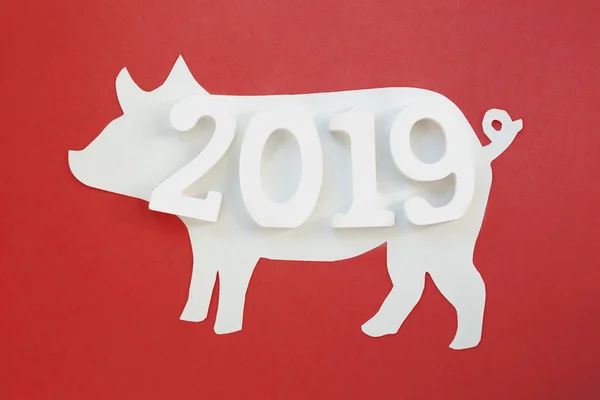 Chinese Zodiac Sign Year of Pig, Red paper cut pig,Happy New Year 2019 year — Stock Photo, Image