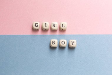 Bebek duş parti. Küçük bir kız mı erkek cinsiyet tanımıdır. Pembe ve mavi arka plan üzerinde düzen üstten görünüm minimalist tarzda. Yeni doğan Ayakkabı ve hediyeler