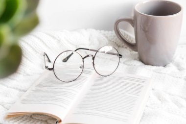 ev konfor ve kış akşam. yumuşak odak vintage gözlük, Kupası, örme halı üzerinde kitap. öğrenme, meslek Editör, redaktör, yazar