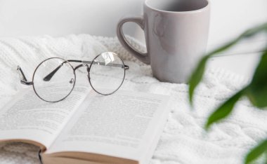 ev konfor ve kış akşam. yumuşak odak yaprakları, vintage gözlük, Kupası, örme halı üzerinde kitap. öğrenme, meslek Editör, redaktör, yazar