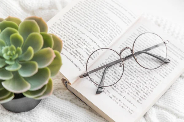 home comfort and winter evening. soft focus vintage glasses, succulent, book on a knitted rug flatlay. learning, profession editor, proofreader, writer