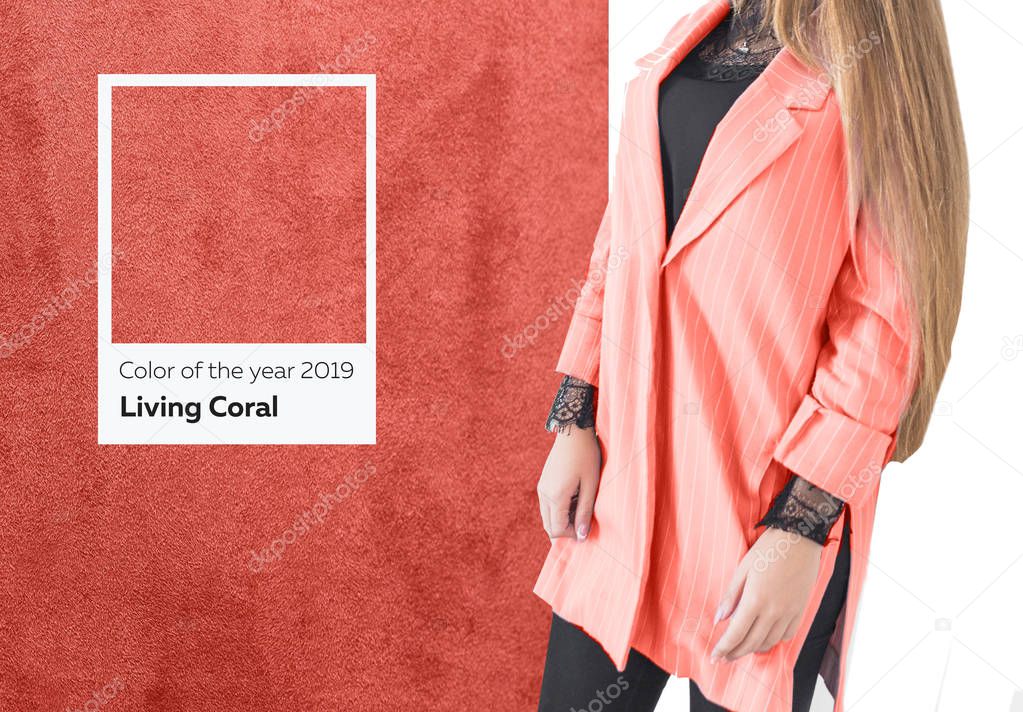 woman in fashionable clothes, Color of the year 2019 Living Coral.