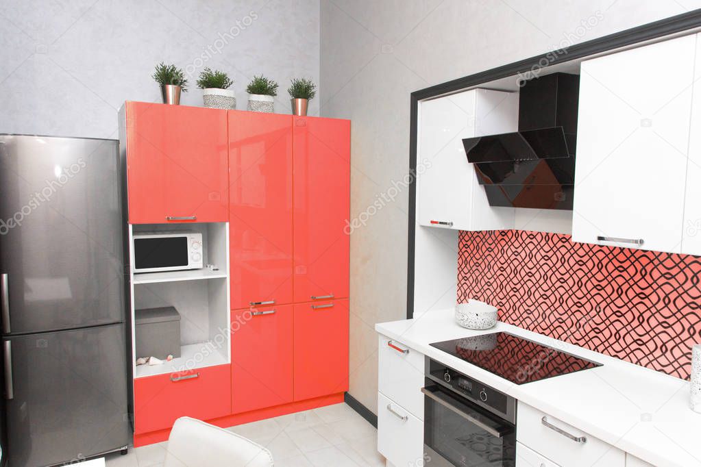modern kitchen interior. color of the year 2019 Living coral