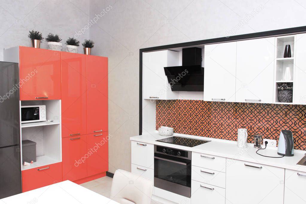 modern kitchen interior. color of the year 2019 Living coral