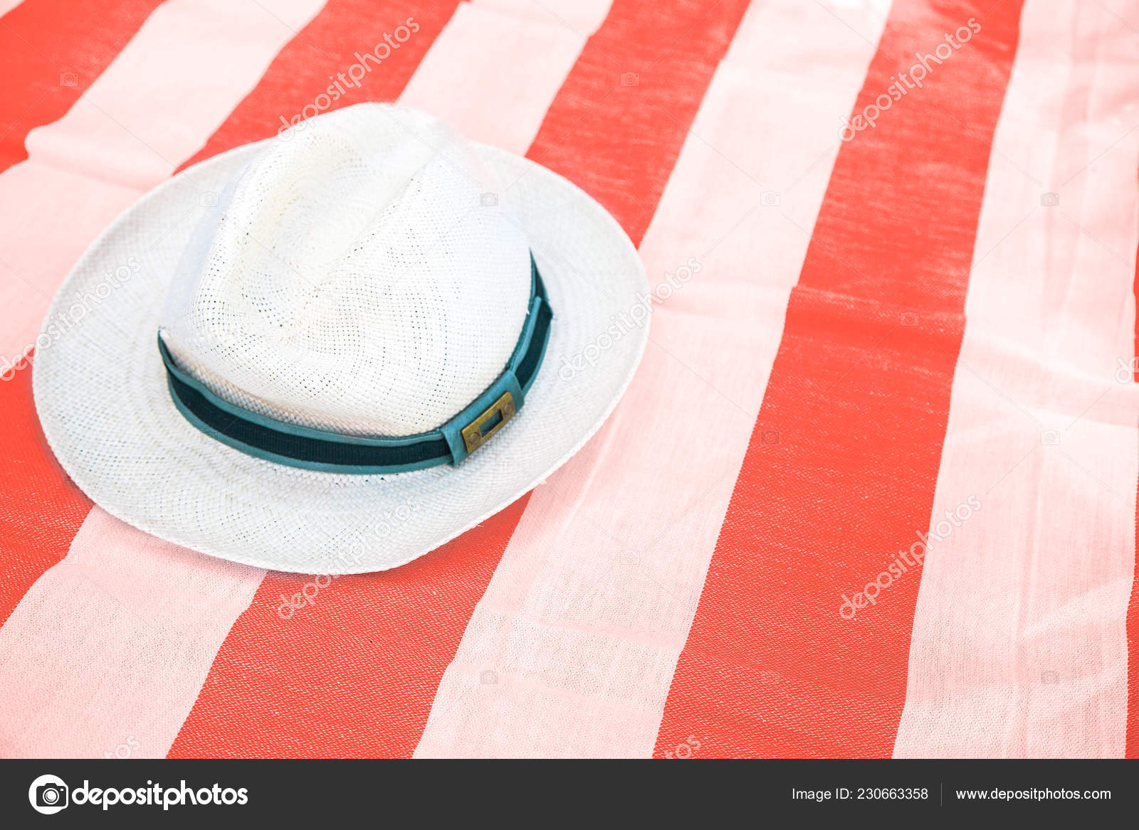 Straw Hat Beach Coverlet Made White Blue Stripes Concept Beach