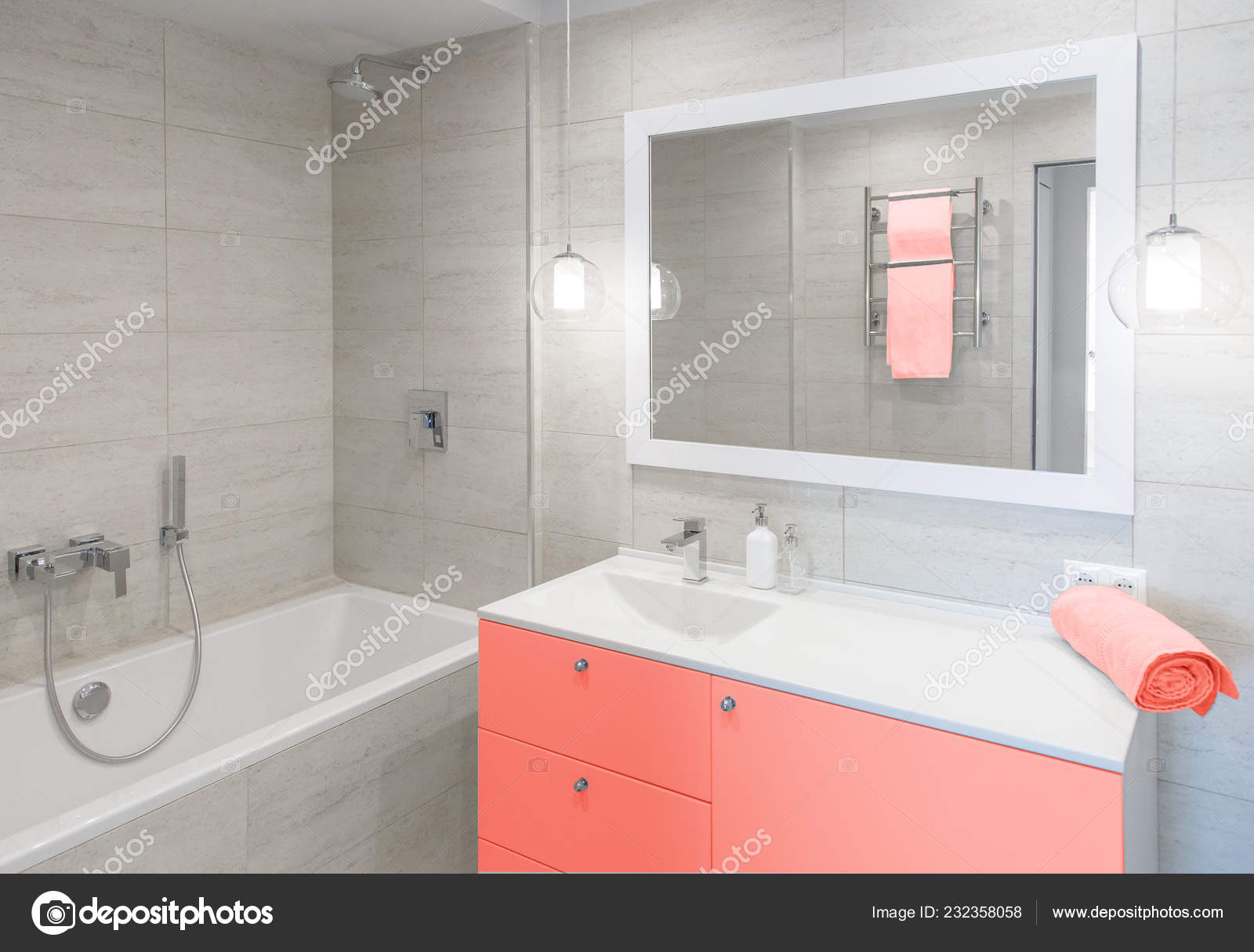 Bathroom Interior Bathroom Mirror Stand Mirror Table Stock Photo by