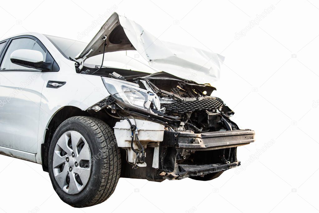 Front Broken crash car after an accident isolated on white background