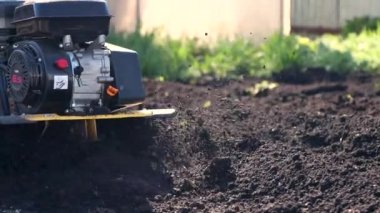 Yakından bakınca, adam bahçedeki toprağı ekiciyle sürüyor. Tohum ekmek için tarlayı sürme üzerine tarım çalışmaları. Bir adam araziyi motorlu ekicinin yardımıyla sürüyor..