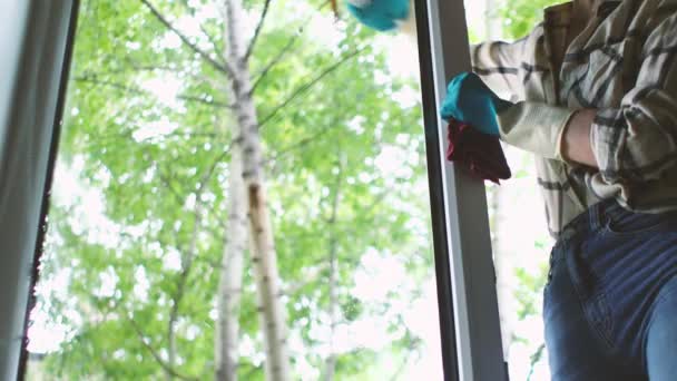 Жінка в синіх рукавичках очищає вікно з ганчіркою та засобом для чищення в домашніх умовах. клінінгова служба — стокове відео