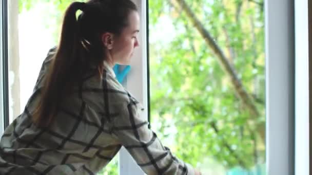 Vrouw in blauwe handschoenen schoonmaken venster met doek en reinigingsmiddel spray thuis. schoonmaakdienst. — Stockvideo