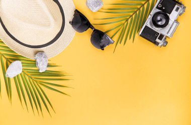 Palmiye yapraklarının arka planında hasır şapka ve güneş gözlüğü. Yaratıcı tropikal yaz seyahati manzarası. Düz yatıyordu. Tatil kavramı.