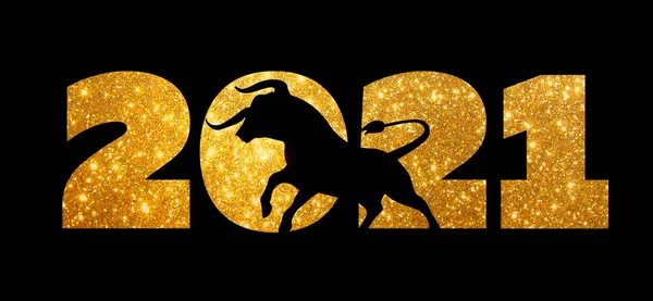 Altın numaralar 2021. Boğa silueti siyahı. Çin Yeni Yılı 2021 Öküz yılı.