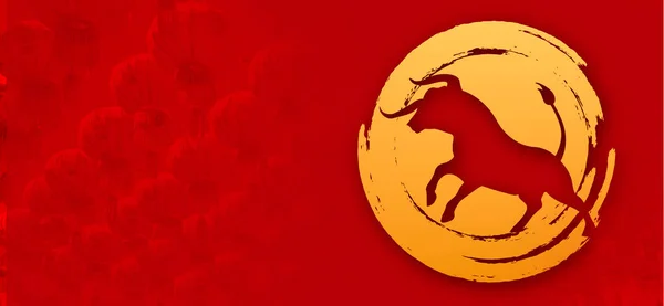 İllüstrasyon afişi. Kırmızı arka planda altın boğa, mesaj için boş yer. Çin Yeni Yılı 2021 Öküz yılı.