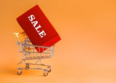 İnternetten alışveriş. Turuncu arka planda süpermarketten gelen bir sepet. Eve teslim, büyük indirim.
