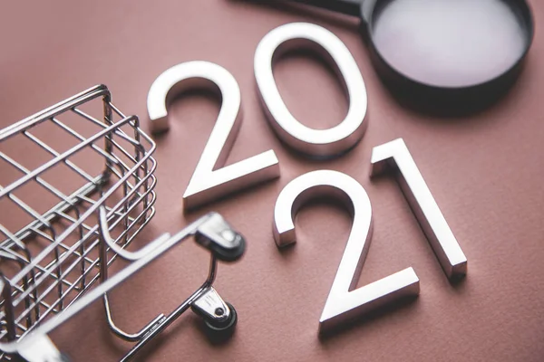 Search Shopping New Year 2021 Shopping List List Trolley Magnifier — Stock Photo, Image
