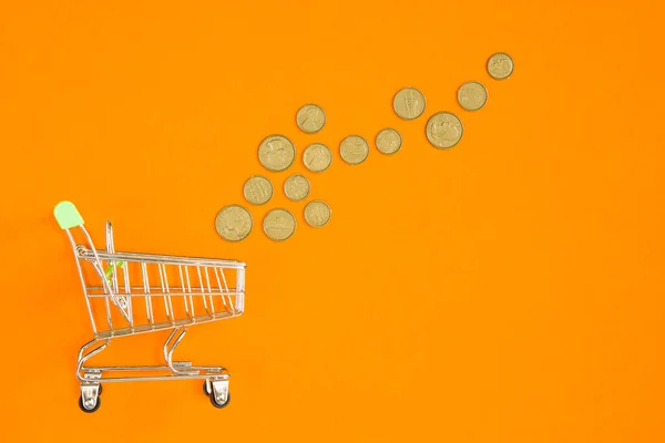 Supermarket Trolley Many Coins Orange Background Online Shopping — Stock Photo, Image