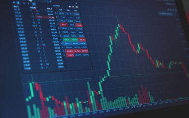 Mavi Arkaplanda Borsa Çizelgesi. Hisseler düşüyor ve stoklanıyor
