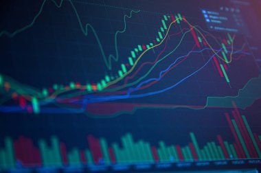 Mavi Arkaplanda Borsa Çizelgesi. Hisseler düşüyor ve stoklanıyor