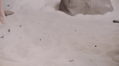 Kumsalda yürüyen kadın bacakları. Çıplak ayakla kumların üzerinde kadın ayakları
