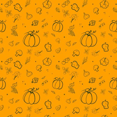 Canlı bir desen, balkabakları, biberler, çiçekler ve yaprakları, sonbahar ve hasat mevsimini çağrıştıran parlak turuncu bir zemin üzerinde sergiliyor..