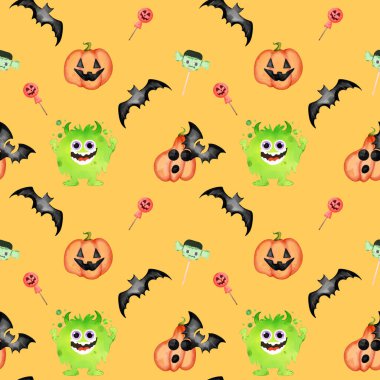 Bu oyuncu tasarım tuhaf canavar karakterleri, balkabakları, yarasalar ve lolipopları, neşeli turuncu bir zemin üzerinde sergiliyor. Cadılar Bayramı teması için mükemmel..