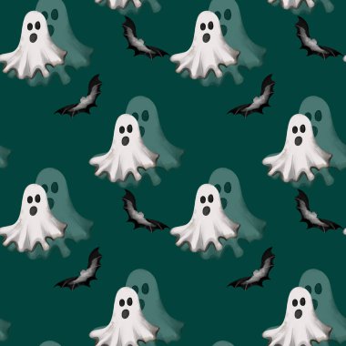 Şirin hayaletler ve yarasalar koyu yeşil bir zemine dağılıp Cadılar Bayramı dekorasyonu veya parti temaları için ideal canlı ve şenlikli bir atmosfer yaratıyorlar..