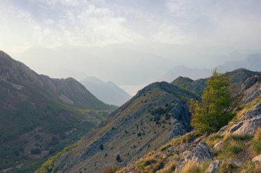Atmosferik dağ manzarası. Lovcen Milli Parkı görünümünden Jezerski vrh tepe. Karadağ