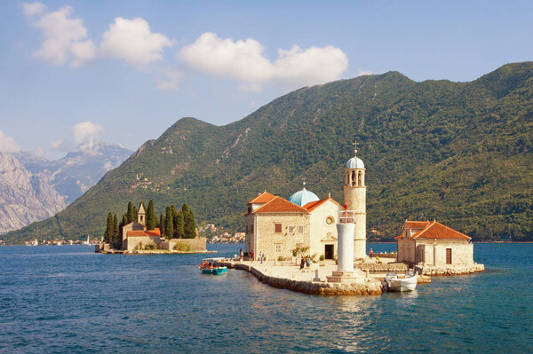 Montenegro. Beautiful view of Bay of Kotor and two small islands:  Our Lady of the Rocks and Saint George