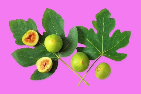 Ripe fig fruits and green leaves of a fig tree on reddish-purple background.  Flat lay, isolated