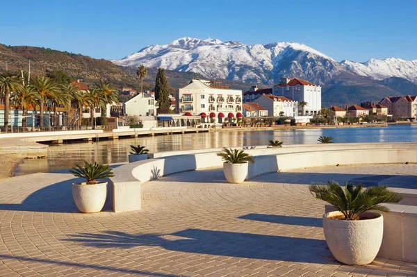 Napsütéses Téli Nap Montenegró Kotori Öbölre Nézd Partra Tivat Városra — Stock Fotó