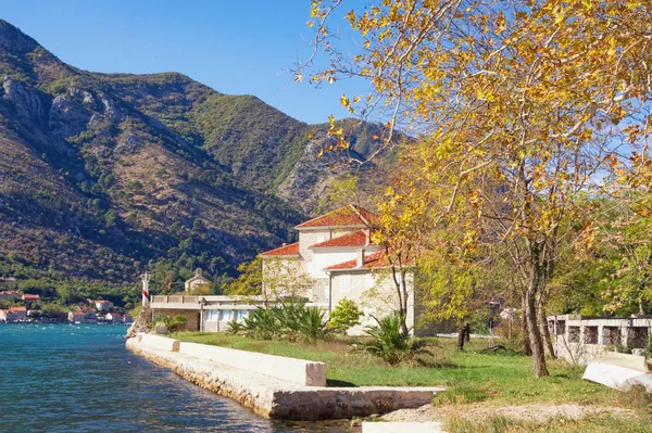 Güneşli sonbahar günü. Güzel Akdeniz manzarası. Karadağ, Adriyatik Denizi, Kotor Körfezi, Dobrota kasabası görünümü — Stok fotoğraf