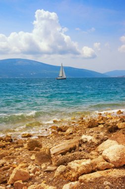 Güneşli Akdeniz manzara su üzerinde bir yelkenli ile. Karadağ, Adriyatik Denizi, Tivat şehri yakınlarındaki Kotor Körfezi manzarası