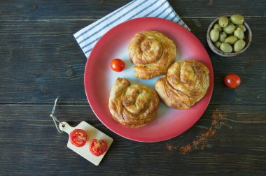 Balkan mutfağı. Bureks - popüler ulusal yemek - kırmızı plaka üzerinde. Düz yatıyordu. Koyu rustik arka plan. Metin için boş alan