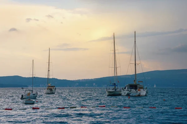 Paysage méditerranéen du soir. Yachts et bateaux de pêche sur l'eau. Monténégro, mer Adriatique. Vue de la baie de Kotor près de Tivat — Photo