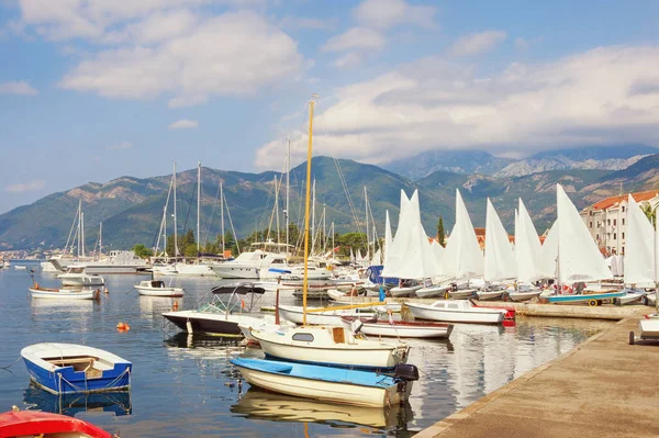 Hermoso paisaje mediterráneo. Montenegro, Mar Adriático, Bahía de Kotor, Tivat. Embankment de la aldea de Seljanovo — Foto de Stock