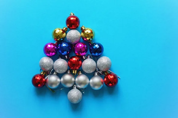 Bright Colorful Christmas Balls Form Christmas Tree Flat Lay Copy — Stock Photo, Image