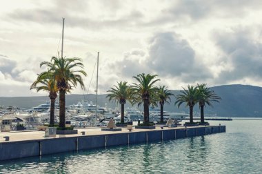 Bulutlu kış gününde Akdeniz manzarası. Karadağ, Tivat şehri. Porto Karadağ marinası manzarası
