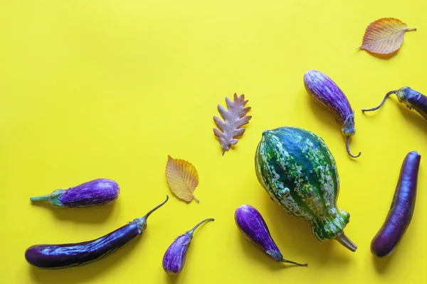 Purple Eggplants Pumpkin Autumn Leaves Yellow Paper Background Flat Lay — Stock Photo, Image