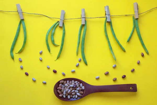 Autumn Concept Green Beans Pinned Rope Dried Beans Wooden Spoon — Stock Photo, Image