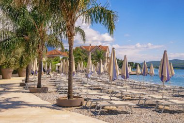 Yaz tatili. Karadağ, Tivat şehri. Kotor Körfezi kıyısındaki sahil, şezlonglar ve plaj şemsiyeleri