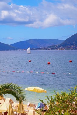 Beautiful autumn Mediterranean landscape. Montenegro, Tivat. View of coast of Bay of Kotor on sunny day