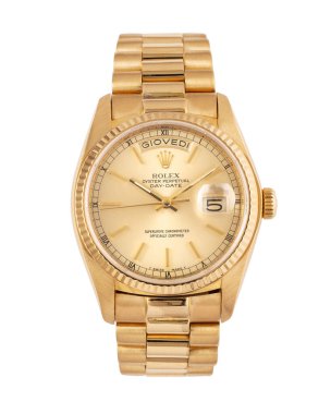 Rolex Day randevusu otomatik kurmalı saat, 18038 'den referans, 18kt sarı altın çanta, şampanya kadranı. Milan, İtalya, 14 Nisan 2025.