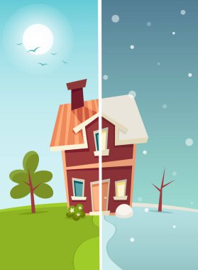 Çizgi film House: Yaz ve kış. Vektör çizim