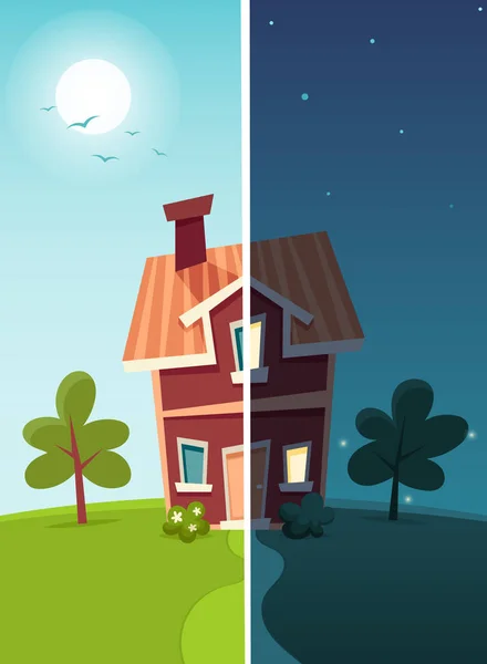 Cartoon House Jour Nuit Illustration Vectorielle — Image vectorielle