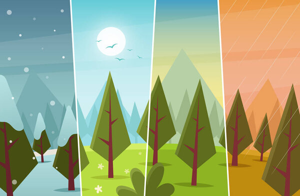 Four Seasons in Forest. Vector Illustration