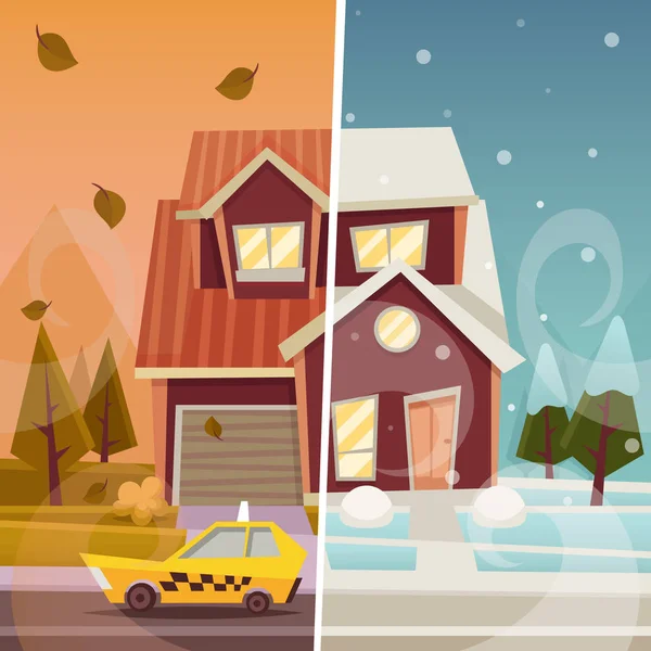 Big Suburban House Autumn Winter Vector Illustration — Stock Vector