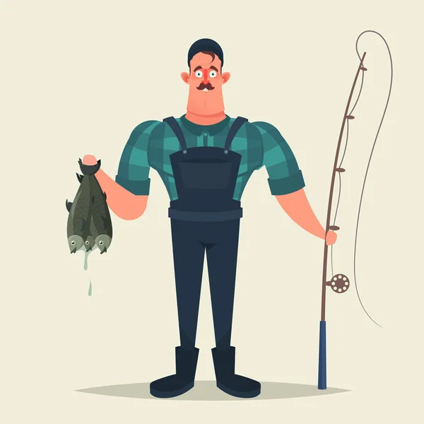 Personagem Engraçado Dos Desenhos Animados Happy Fisherman Holding Road Fish — Vetor de Stock