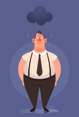 Komik çizgi film karakteri. Üzgün ofis çalışanı yağmurlu bulut - kötü şans kavramı altında duruyor. Vektör çizim