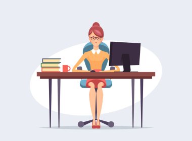 Oturan ve bilgisayarla çalışma oldukça iş kadını. Vektör çizim