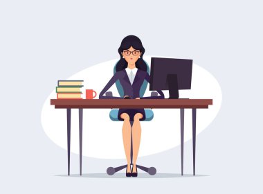 Oturan ve bilgisayarla çalışma oldukça iş kadını (esmer). Vektör çizim